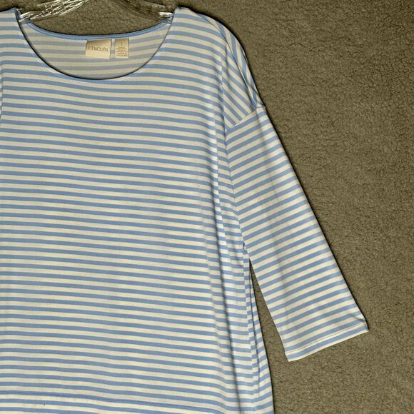Chicos Striped Oversize Tunic Top Womens Sz M Blue White‎ Layered Hem Nautical - Picture 6 of 14